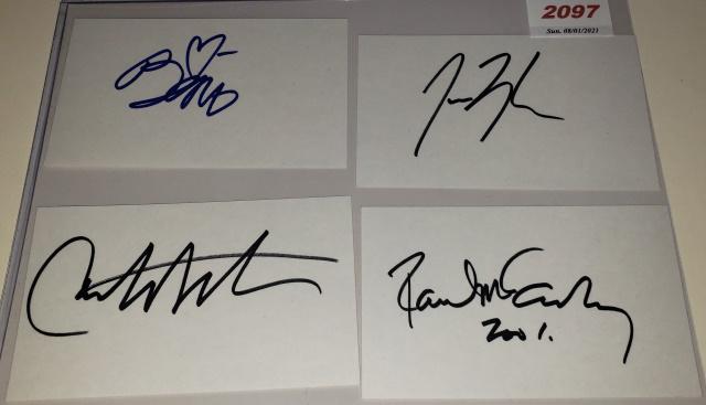 4 MUSIC LEGEND AUTOGRAPHED CUTS: Comprising James Taylor, Paul McCartney, Carlos Santana & Bono, with COA.