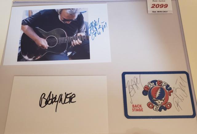 GRATEFUL DEAD AUTOGRAPH PACKAGE: Comprising Jerry Garcia autographed 5 x 7 photo, Jerry Garcia autographed back stage pass & Bobby Weir autographed cut, with COA.