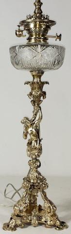 VINTAGE ANTIQUE COMPONENT LAMP: Oil lamp, candelabra, and electrification, approximate height 37".