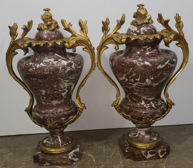 PAIR OF ANTIQUE MARBLES URNS: Ormolu mounted marble decorative urn shaped pieces, possibly French, unknown maker, approximate height of each 22".