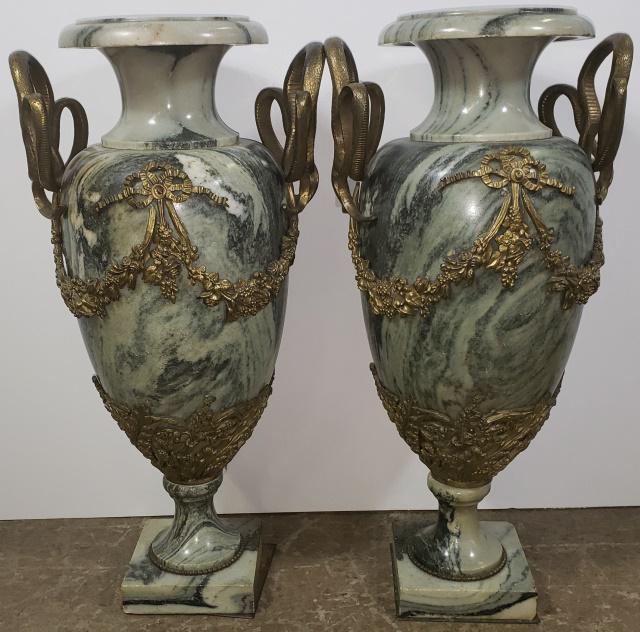 PAIR ANTIQUE MARBLE URNS: Ormolu mounted marble urns, possibly French, having snake handles, unmarked, approximate height of each 24 1/2", diameter 9 1/2".
