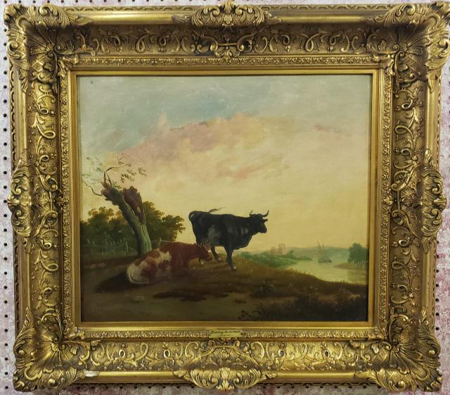 FRANCIS TOWNE: Francis Towne (1740-1816 English) Evening in North Wales, framed oil on canvas, no apparent signature, "Towne" written in pencil on stretcher bar, older label identifying artist, approximate work size
