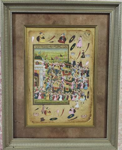 ANTIQUE PERSIAN HAND-ILLUMINATED MANUSCRIPT PAGE: Manuscript page depicting celebration, housed in newer frame, approximate work size 13 1/8" x 9", frame 20" x 16".