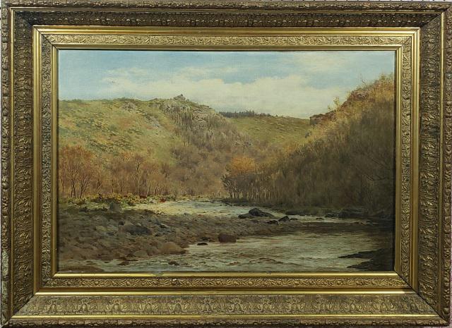 ALFRED MITCHELL: Alfred Mitchell (19th C. American) Impressionist landscape with cattle near river, framed oil on canvas, signed lower left, approximate work size 20" x 30", frame 27 1/2" x 37 1/2".