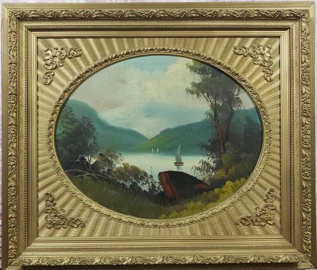 UNKNOWN ARTIST: Unknown artist (Late 19th/early 20th C. Hudson River School) Primitive style river landscape, unsigned, approximate work size 16" x 20", frame 24" x 28".