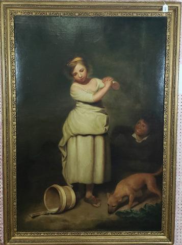 UNKNOWN ARTIST: Unknown artist (19th C. European School) Spilled milk, framed oil on canvas, no apparent signature, approximate work size 63 5/8" x 44 1/4", frame 72" x 52". E. Conant written on stretcher bar.