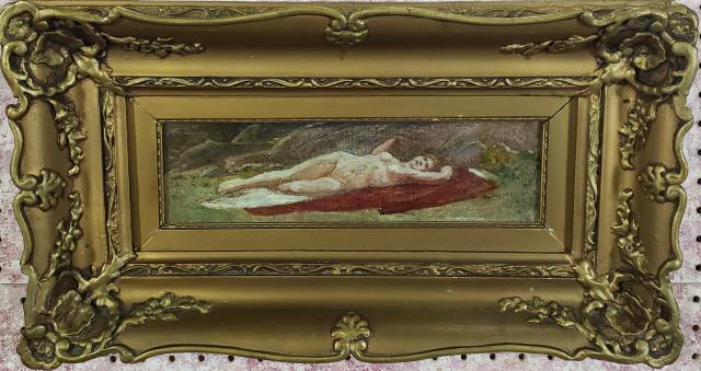 LAJOS EBNER: Lajos Ebner (1850-1934 Hungarian) Reclining nude, framed oil on canvas mounted to cardboard, signed lower right, approximate work size 3 3/4" x 12 1/2", frame 11 1/2" x 21".