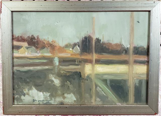 STEPHEN DINSMORE: Stephen Dinsmore, "From the Studio", framed oil on masonite panel, signed lower left, label from Lydon Fine Art Co. from Chicago on verso, approximate work size 7" x 10", frame 8 1/2" x 11 1/2".