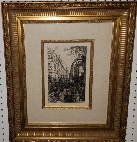 ERNEST HERSCHER: (b1870 French), "La Rue Saint-Jacques", framed etching, approximate frame size 20 1/4" x 17 1/4", with certificate of authenticity.