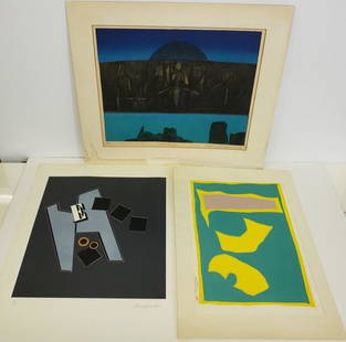3 UNFRAMED PIECES: Original pencil and watercolor abstract painting by Richard Mortensen, signed and dated 1958 lower right, approximately 11 1/2" x 16 1/4", aquatint etching by V. Mortenson Francis of figural abstract,