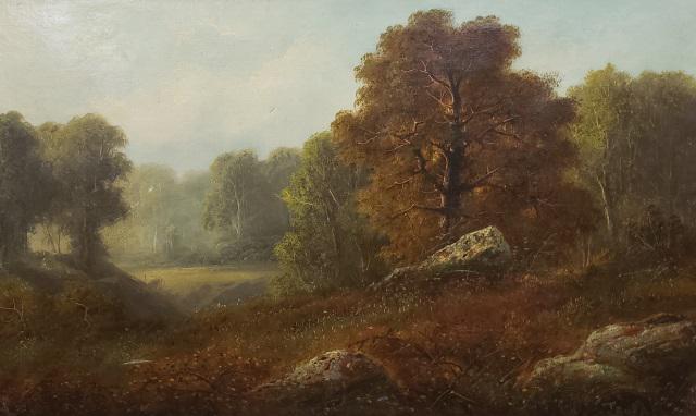 UNKNOWN ARTIST: (Late 19th C. Hudson River School) Wooded river landscape, unframed oil on canvas, no apparent signature, approximate work size 22" x 36".