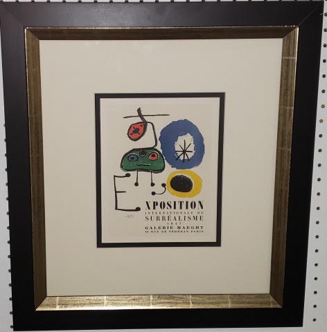 JOAN MIRO: (1893-1983 Spanish). "Exposition Du Surrealisme", framed lithograph, approximate frame size 21 3/4" x 19 3/4", with certificate of authenticity.