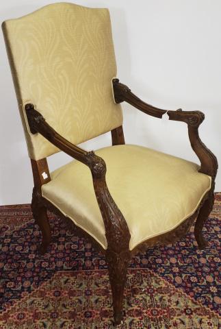 CONTINENTAL STYLE BARONIAL CHAIR: Having peach upholstered back and seat, heavily carved frame.