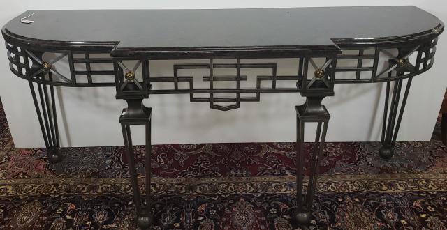 CONTEMPORARY CONSOLE TABLE: Having shaped marble top over conforming iron base, approximate height 33 1/4", width 76", depth 34".