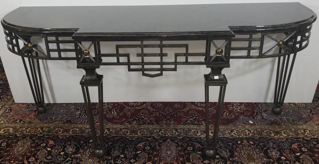 CONTEMPORARY CONSOLE TABLE: Having shaped marble top over conforming iron base, approximate height 33 1/4", width 76", depth 34".
