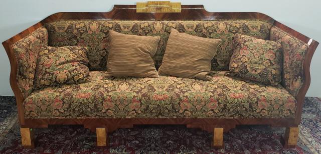 BIEDERMEIER SOFA: Having paisley style decoration and mahogany frame, raised on square legs, approximate height 45 1/2", width 95", depth 33".