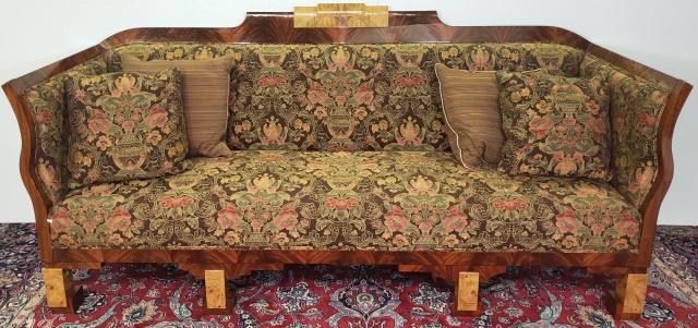 BIEDERMEIER SOFA: Having paisley style decoration and mahogany frame, raised on square legs, approximate height 45 1/2", width 95", depth 33".