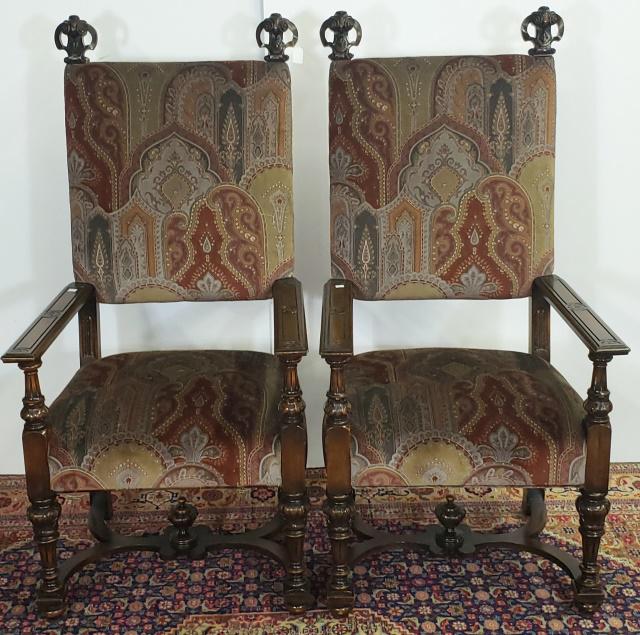 PAIR OF BARONIAL ARMCHAIRS: With paisley upholstered back and seat, approximate height 54", width 25 1/2", depth 26".