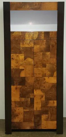 PAUL EVANS BURL WOOD CABINET: Tall cabinet having 4 doors and open area on top, 2 lower doors open to single shelf and small drawer, has dark brown trim and sides, initialed and numbered on top and bottom, height 84 1/2", width 37