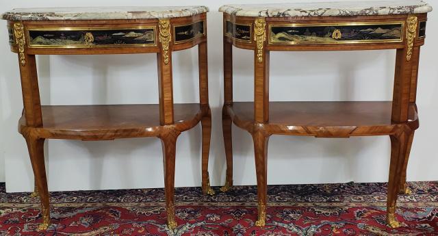 PAIR OF FRENCH MARBLE TOP CONSOLE TABLES: Pair of Chinoiserie marble top console tables, with bronze mounts, having marble top over single drawer, each piece has 3 oriental scenes, one on drawer and 2 on curved sides, raised on cabriole legs 