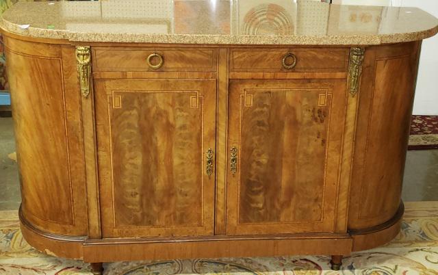 PERIOD STYLE CONSOLE TABLE: Having shaped marble top raised on conforming base, fitted with 2 drawers over double doors, flanked by gilt metal mounts, approximate height 37", width 63", depth 26".