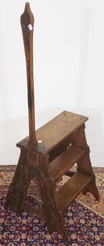 ENGLISH BED STEPS: Having 3 steps with side handle, carved floral decoration on sides, approximate height 22 1/8" (steps), handle 48 7/8", width 20 1/8", depth 18 1/2".