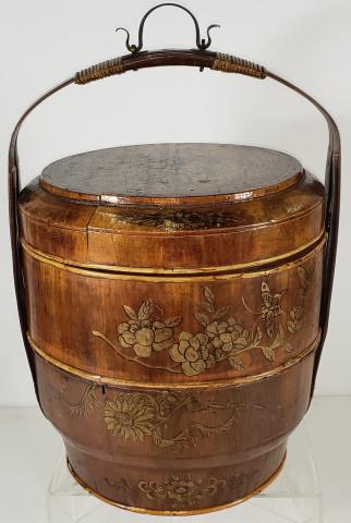 ORIENTAL PICNIC BASKET: Having 2 sections with lid and handle, decorated with figures, flowers, fruit and butterflies, signed on bottom of lid and bottom of middle section, approximate height 18".