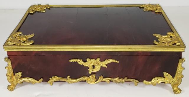 ANTIQUE FRENCH ORMOLU TORTOISESHELL HINGED BOX: 19th C. French ormolu bronze and tortoiseshell letter box, opens to silk interior, approximate height 4 5/8", width 14 5/8", depth 9 3/4", (No Key).