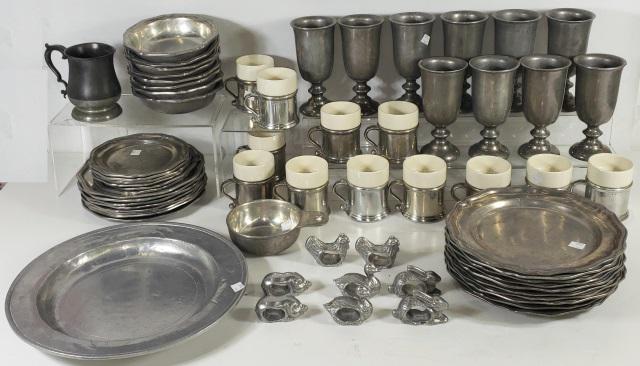 GROUP OF PEWTER: Goblets, mug, porringer, napkin rings, service plates, platter, and small mugs with porcelain inserts.