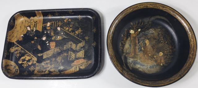 2 ANTIQUE PAPIER MACHE TOLEWARE TRAYS: Rectangular and round, both having oriental design, longest piece 10 1/2".