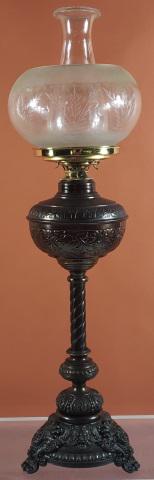 ANTIQUE VICTORIAN OIL LAMP: Ca. 1890, vintage etched 4" glass shade, original finish, approximate height with shade 24", height with chimney 27", (not electrified).