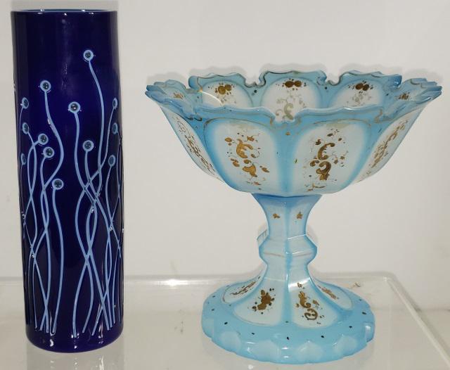 2 PIECES OF ART GLASS: Blue opaline compote having gilt highlight, approximate height 6 1/8", and a cylindrical cobalt vase with inset glass beads, approximate height 7 7/8".