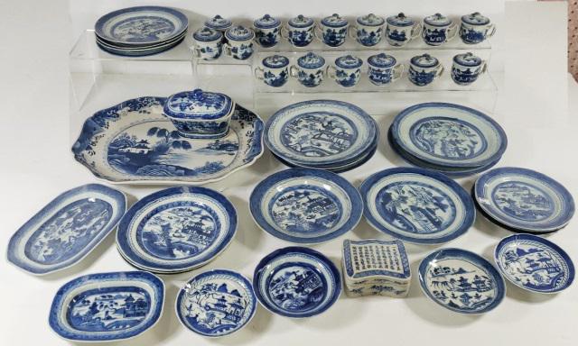 GROUP OF DINNERWARE: With Asian scenes. plates, covered tureen, covered box, etc.