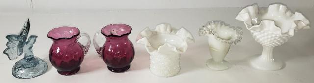 6 PIECES OF FENTON ART GLASS: Compotes with ruffled rims, butterfly ring holder, and 2 small pitchers, tallest 5 5/8".