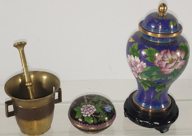 3 PIECES: 2 pieces cloisonne, covered urn on stand, covered box, along with a brass mortar & pestle, tallest piece on stand 8 1/4".