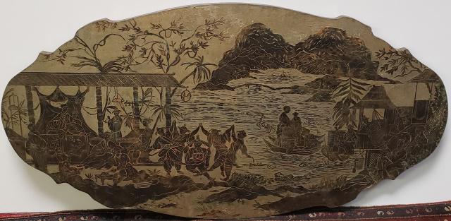 PHILIP, KELVIN LAVERNE MIXED METAL COFFEE TABLE: Pewter, bronze and enamel top with acid-etched and carved Asian motif, signed in surface of top, approximate height 16 5/8", length 60 1/2", depth 31 1/2".