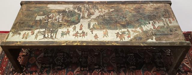 PHILIP, KELVIN LAVERNE MIXED METAL COFFEE TABLE: Philip & Kelvin LaVerne Studios "Spring Festival" Coffee Table. The rectangle wrap around top etched and patinated bronze with pewter inlay, polychrome allover with Chinoiserie figures in a landscape 