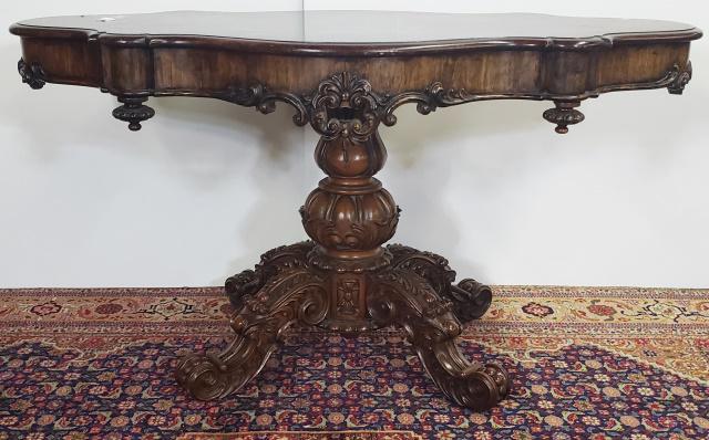 VICTORIAN MAHOGANY CENTER TABLE: Having shaped top, raised on quadruped base, height 28 3/8", width 52", depth 30 5/8"