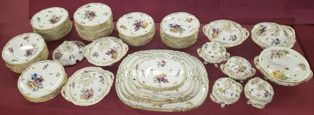 PARTIAL 19TH C. CHINA SET: 36 dinner plates, diameter 10", 15 soup bowls, pair of rectangular trays, width 10 1/4", 4 covered serving bowls, each fitted with handles, width 11 3/4", 4 covered sauceboats, fitted for ladles, widt