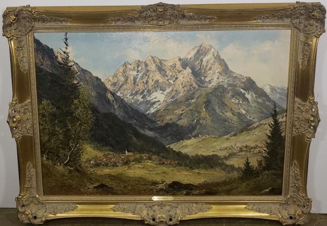 KURT MOSER: (1926-1982 German), Mountain landscape with villages, framed oil on canvas, signed lower left, approximate canvas size 27 1/4" x 39 1/8", frame 34" x 46 1/8".