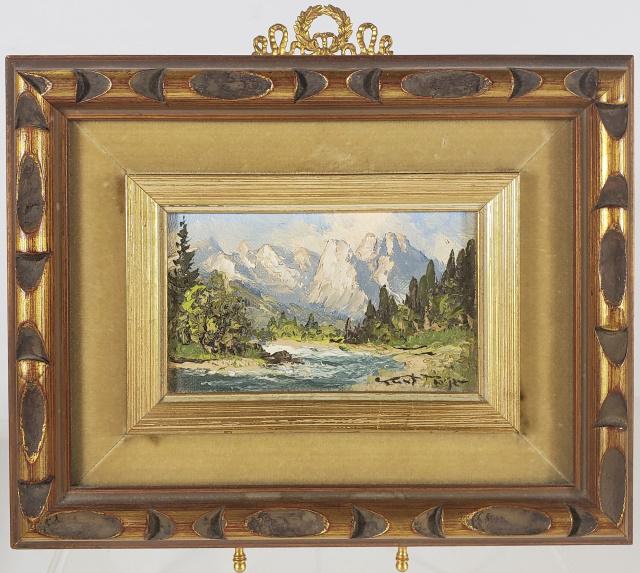 KURT MOSER: (1926-1982 German), mountain river landscape, miniature oil on board, signed lower right, approximate board size 3 3/8" x 5 3/8", frame 7 3/4" x 9 3/4".