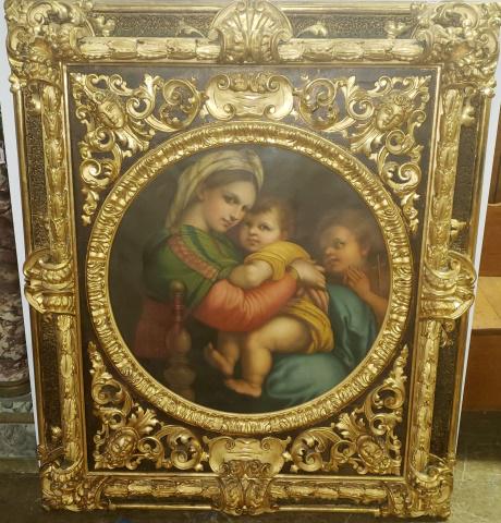 AFTER RAFFAELLO SANZIO RAPHAEL: Madonna, baby Jesus and John the Baptist, painted by Dumini, signed on back, framed oil on canvas, housed in a heavily carved gilt frame with masks, leaves, and scroll work, approximate sight 27 7/8" 