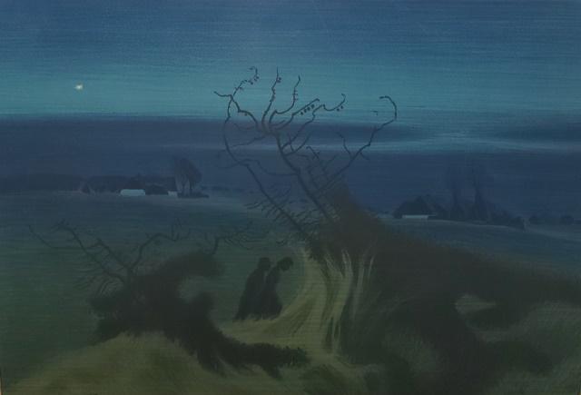 SIKKER HANSEN: (Mid 20th C. Danish). Figures in a night landscape, framed lithograph, signed in plate lower left, dated 1947, approximate size 16 1/2 x 23 1/2", frame 26 1/2" x 32 1/2".