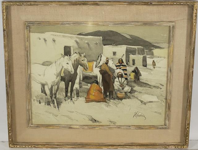 UNKNOWN ARTIST: (Mid 20th C. American). Native Americans in winter (possibly Taos), framed watercolor, signed lower right indistinctly, housed in a Newcomb Macklin frame, under glass, approximate sight 13 1/2" x 18",