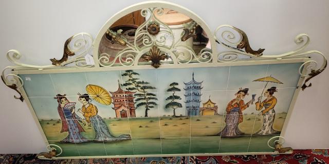 IRON & TILE WALL HANGING: Wall hanging, upper section having mirror, with iron frame and tile plaque, depicting Oriental scene with figures, approximate height 35 1/8", width 55".