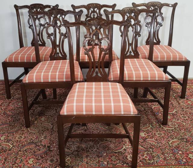 SET OF 6 GEORGIAN STYLE DINING CHAIRS: Having vase shaped splat, raised on square legs and H shaped stretcher, approximate height 38".