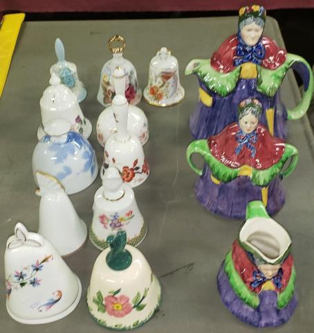 GROUP OF MISC. PORCELAIN: Including 3 pc figural tea set, and group of porcelain bells.