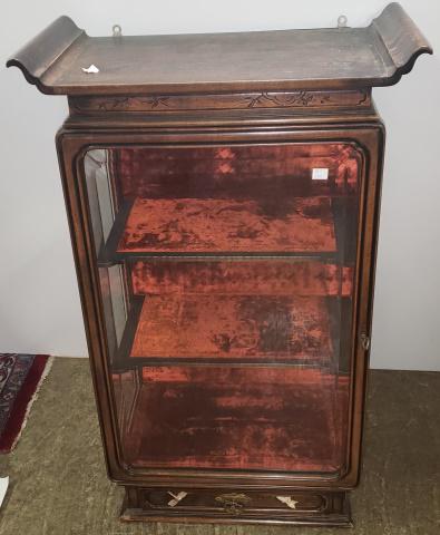 ORIENTAL STYLE WALL CABINET: Having single glazed and beveled door, opening to red velvet interior with 2 shelves, with single drawer below, approximate height 35 1/4".