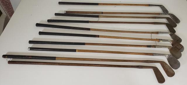 10 WOOD SHAFT GOLF CLUBS: 10 vintage wood shaft golf clubs.