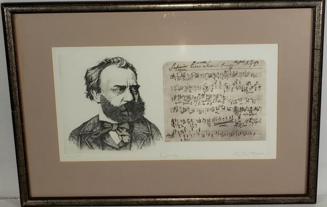 CHARLES BRAGG: (20th C. American), "Dvorak", framed etching over lithograph, signed, titled and numbered 262/300 lower margin, approximate sight 10" x 17 5/8", frame 17 3/4" x 25 1/2".
